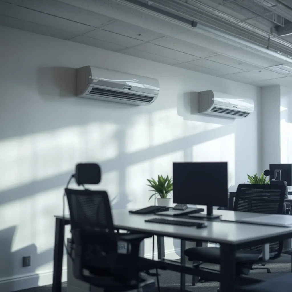 Two wall-mounted split aircons above desks in an open-plan office